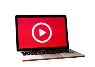 laptop with red screen and white play arrow