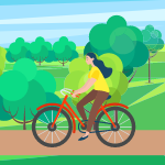 graphic of woman riding bike in countryside