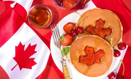 pancakes with fruit and Canada flags