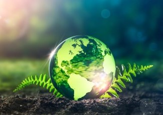 glass earth resting on soil and grass