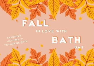 Fall leaves and the words fall in love with Bath