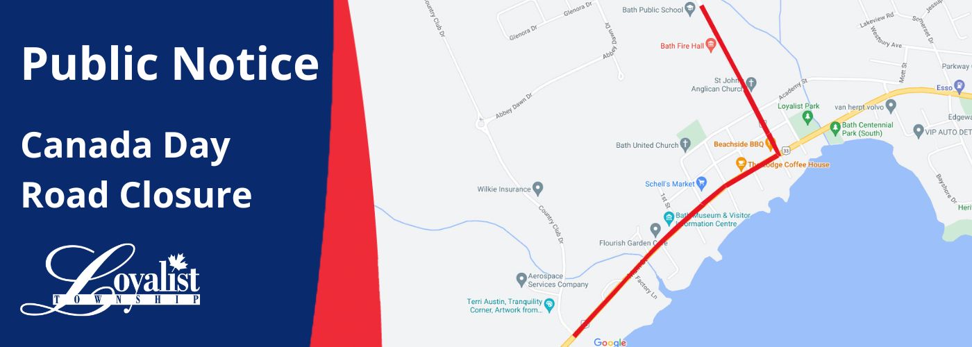 Graphic with mapped area of Bath Ontario indicating July 1 road closure