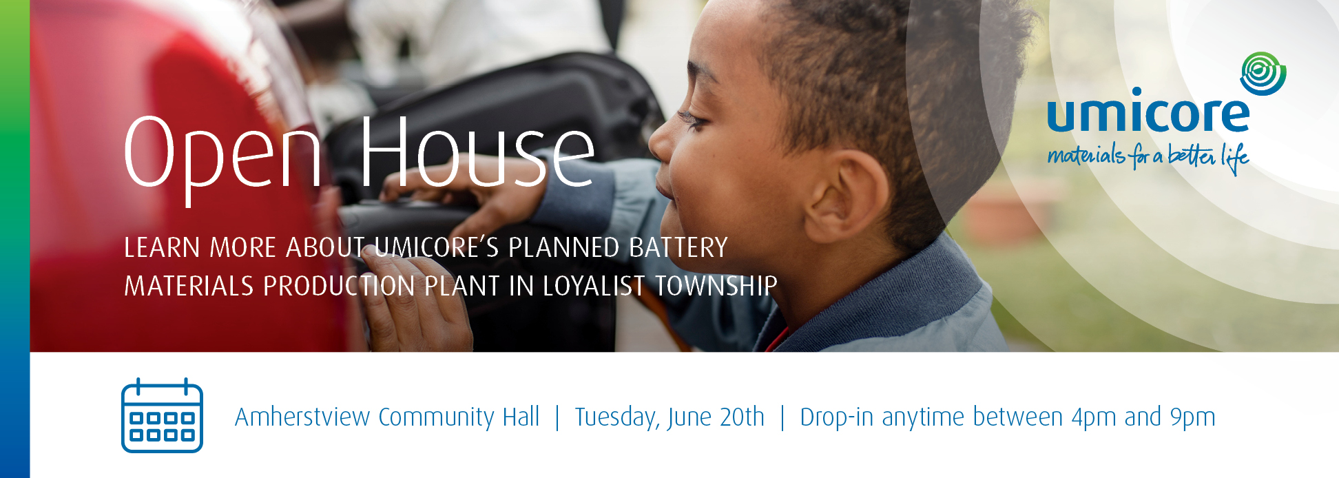 Graphic with image of child recharging EV and details about the Open House