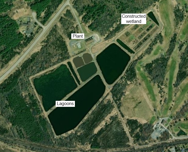 Aerial view of the Amherstview sewage plant property showing the plant and lagoons