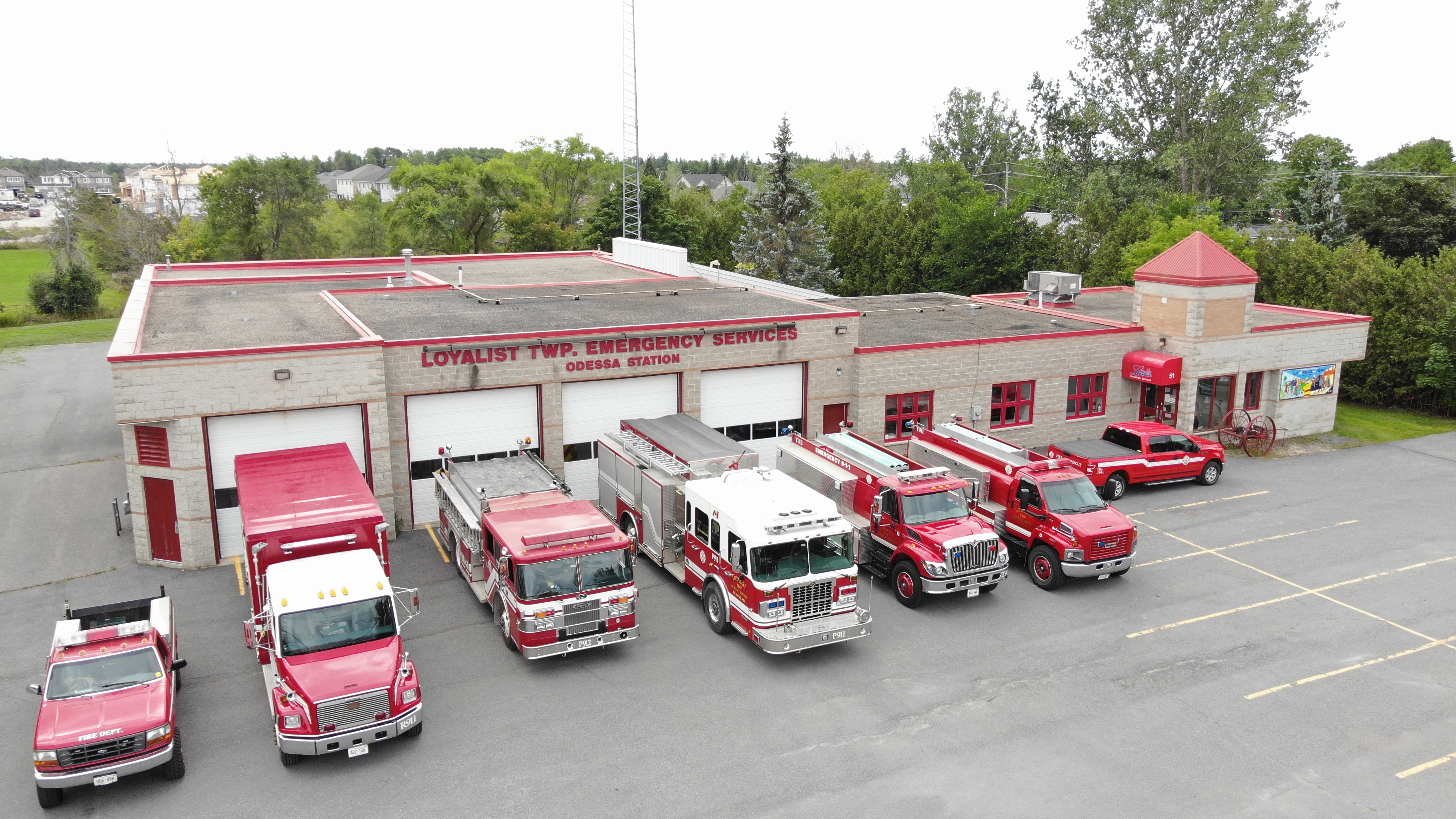 Odessa fire station with trucks parked out front