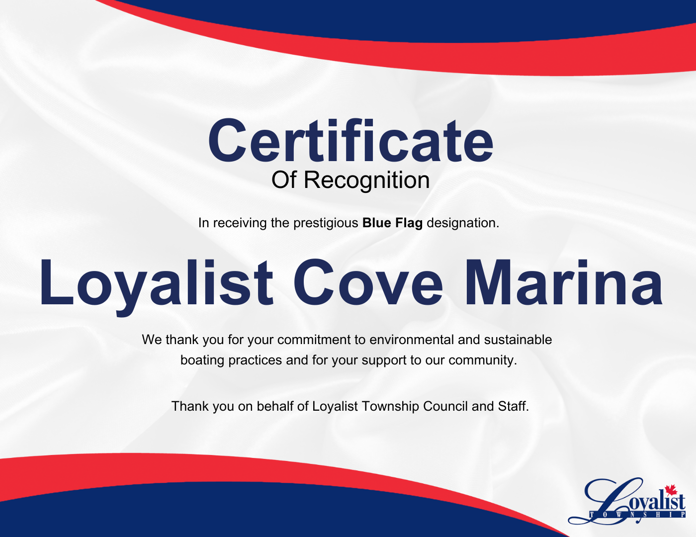 Loyalist Cove Marina certificate of recognition.