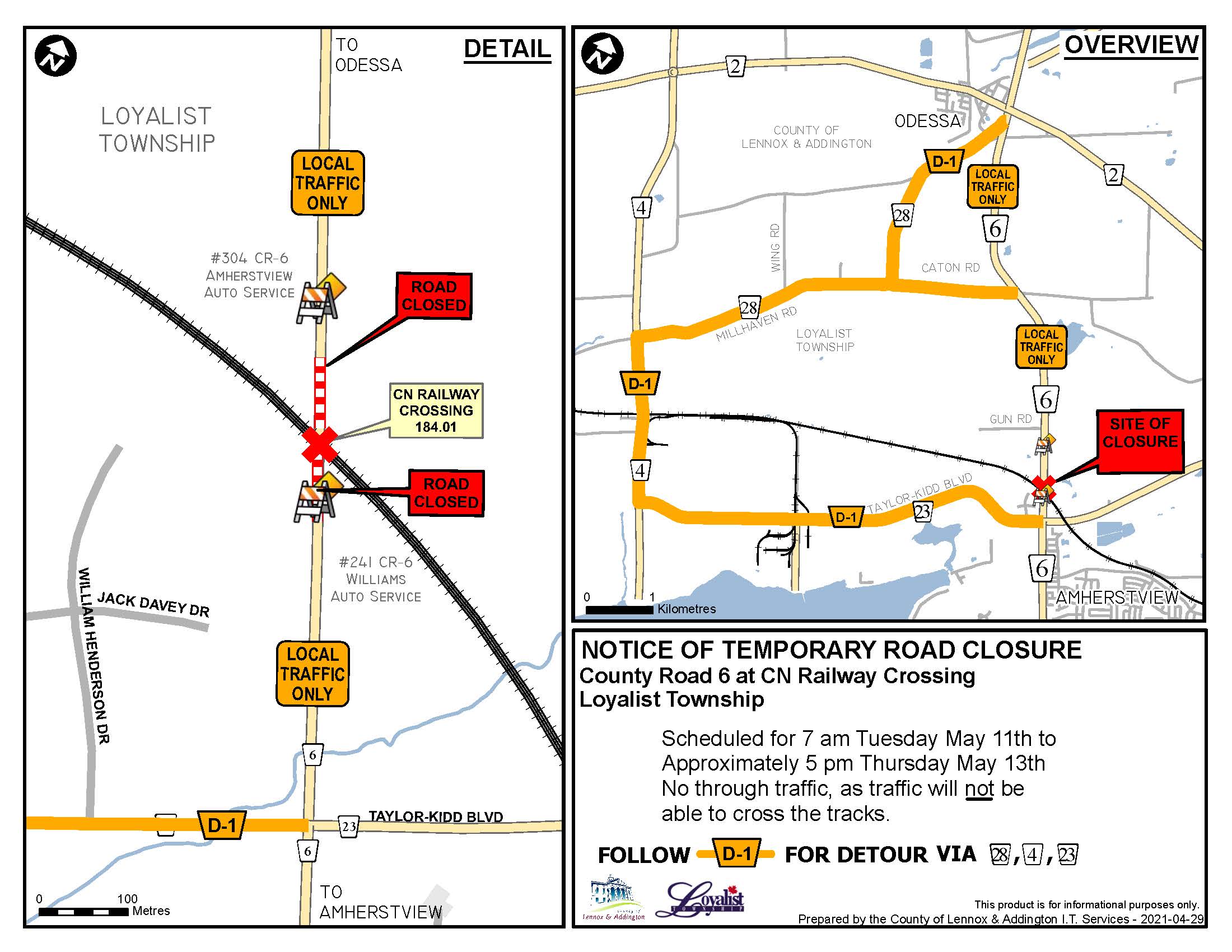 Map of Road Closure Area at County Rd 6 and CN Rail Crossing