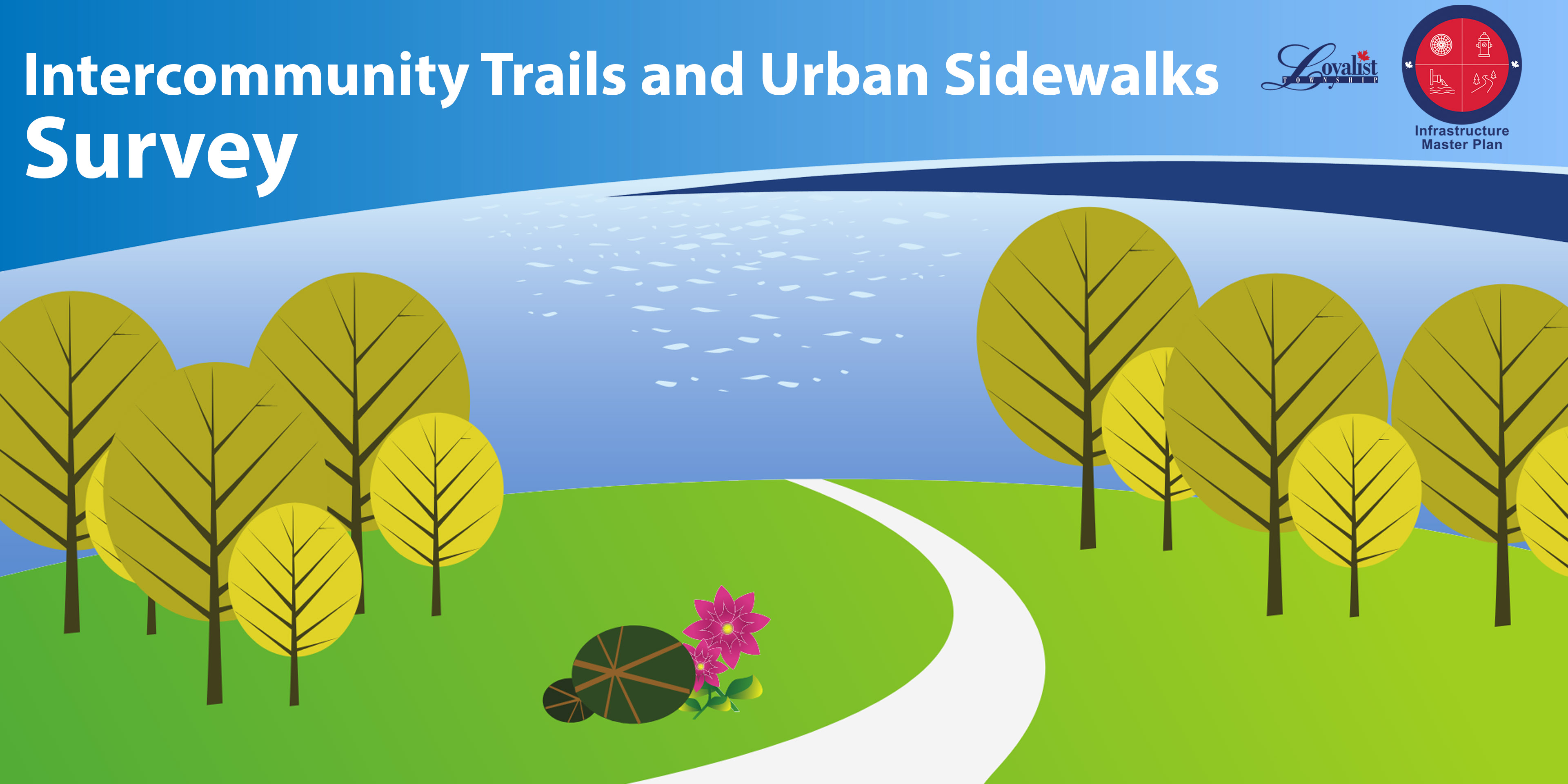 Illustration of a path leading to waterfront.  Banner across top of image reads Intercommunity Trails and Urban Sidewalks Survey 