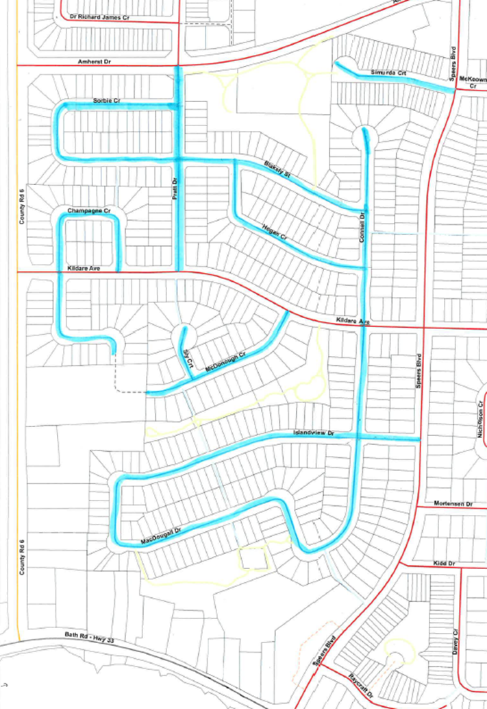 Map of road resealing in Lakeside Ponds, Amherstview