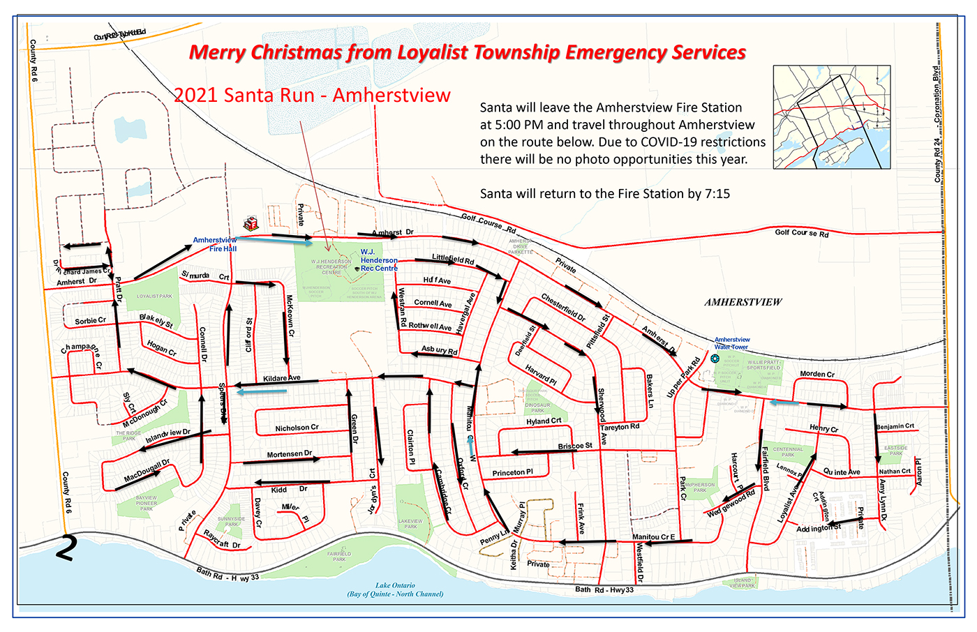 Map of Amherstview with arrows to display the route that Santa Claus will travel for the 2021 Santa Run