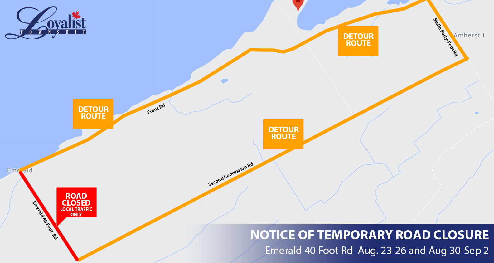 map of road closure on Amherst Island