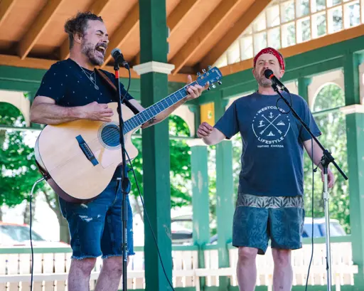 Two people singing and playing acoustic guitar.