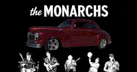 black and white images of band members underneath a red car