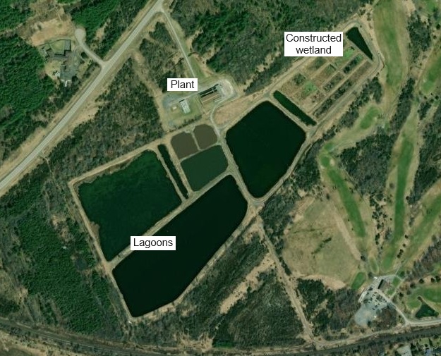 Amherstview sewage treatment plant, lagoons, and wetland Aerial view of the Amherstview sewage plant property showing the plant and lagoons