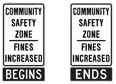 road signs indicating the beginning and end of a community safety zone speed limit