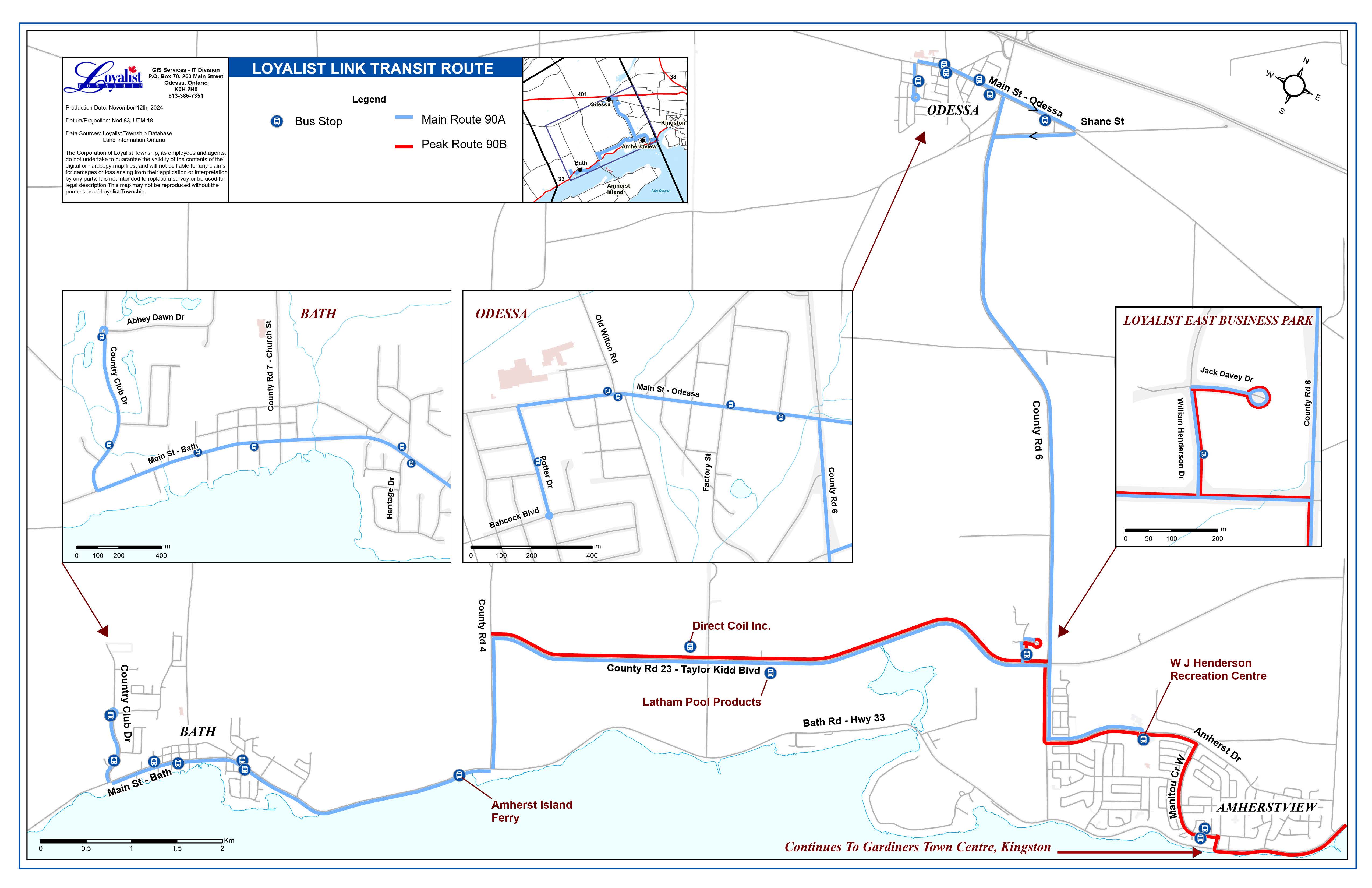 Route map for the Loyalist link bus service